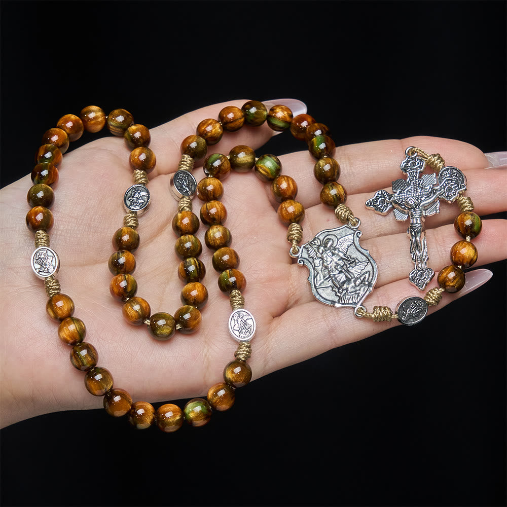 Christianartworkshop Chapelet vintage en perles marron scintillantes avec saint Michel gardien - image 1