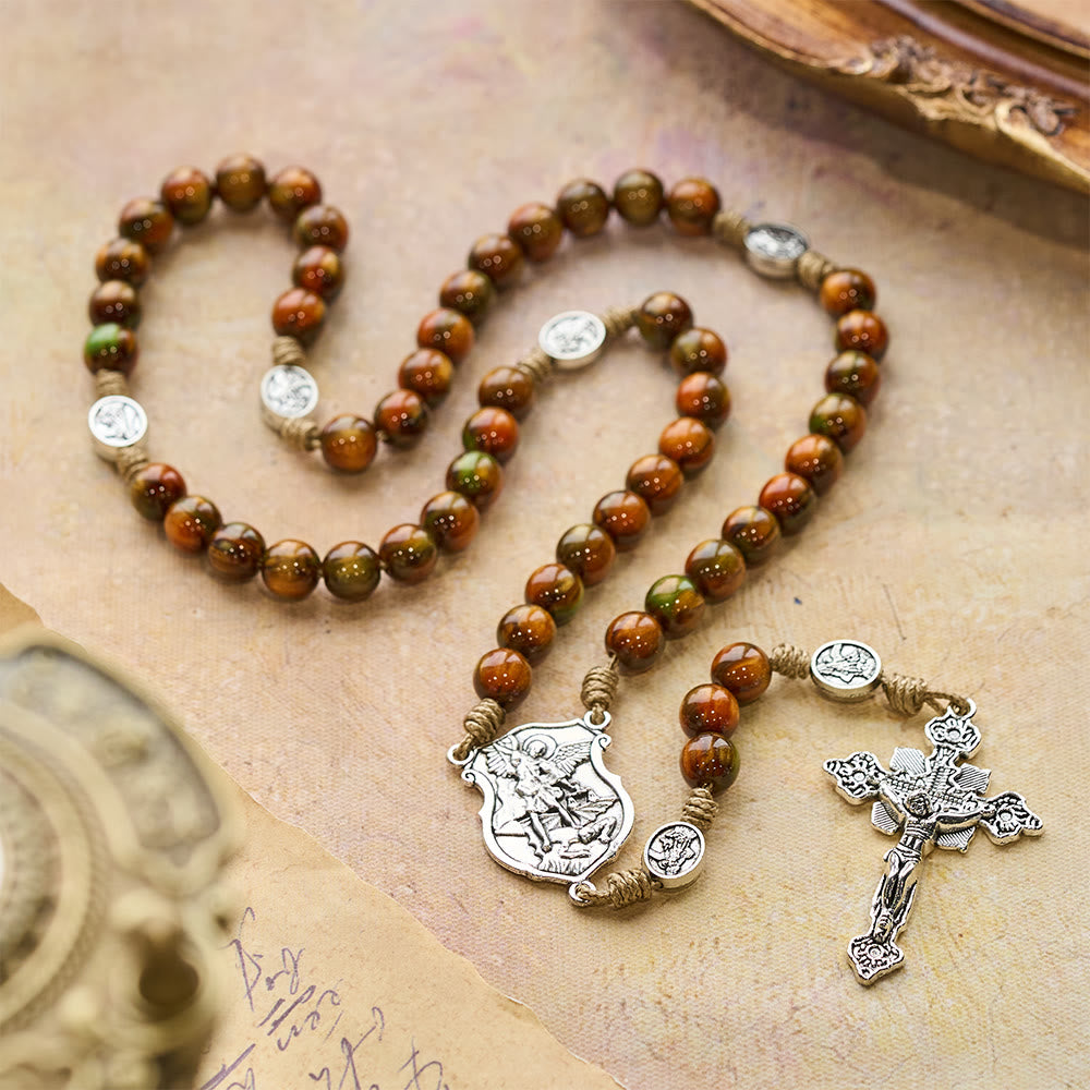 Christianartworkshop Chapelet vintage en perles marron scintillantes avec saint Michel gardien - Saint Michel et le Crucifix - image 0