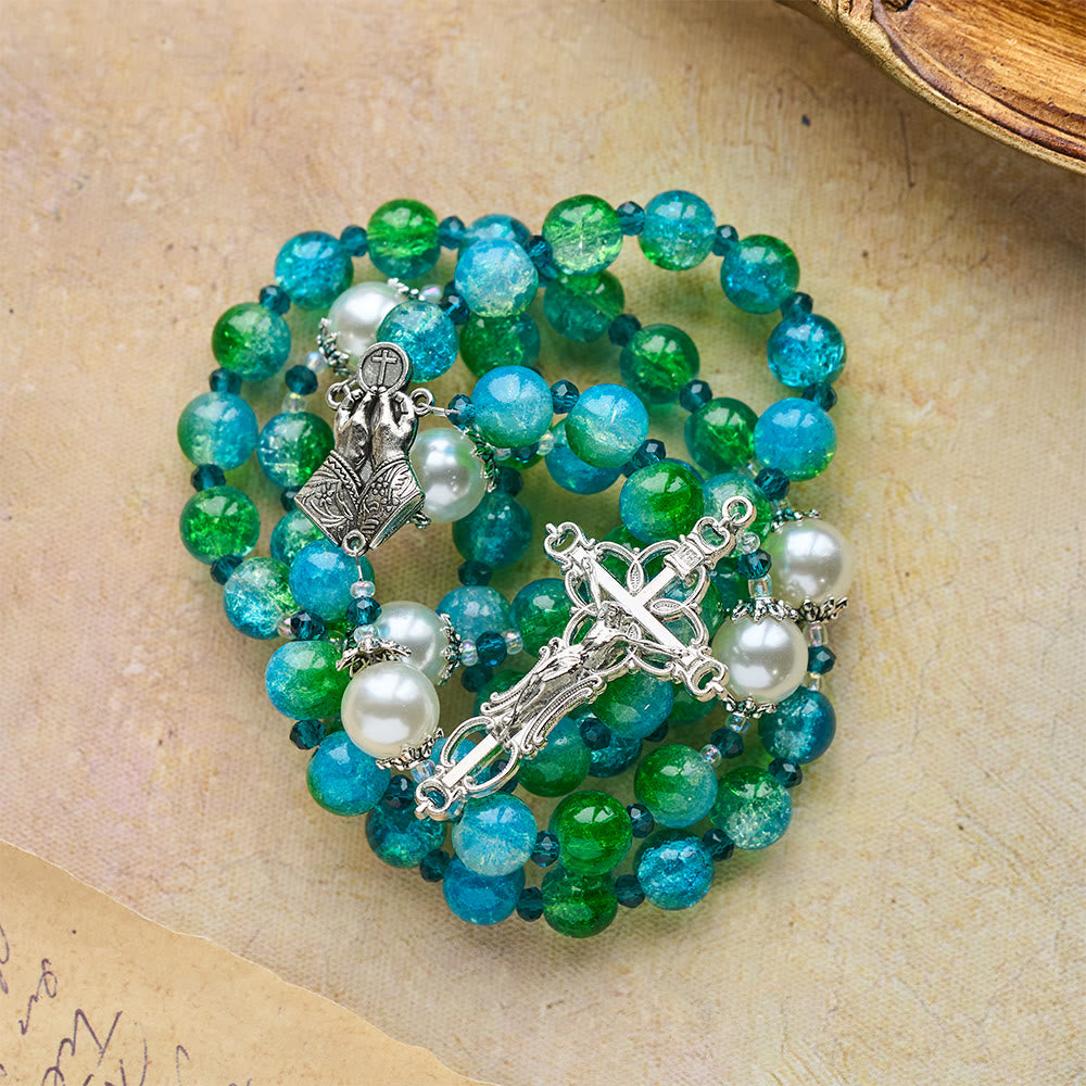 Christianartworkshop Chapelet en verre bleu-vert dégradé avec mains jointes et crucifix - image 7