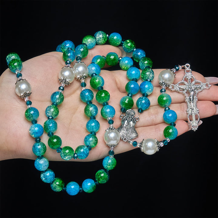 Christianartworkshop Chapelet en verre bleu-vert dégradé avec mains jointes et crucifix - image 1