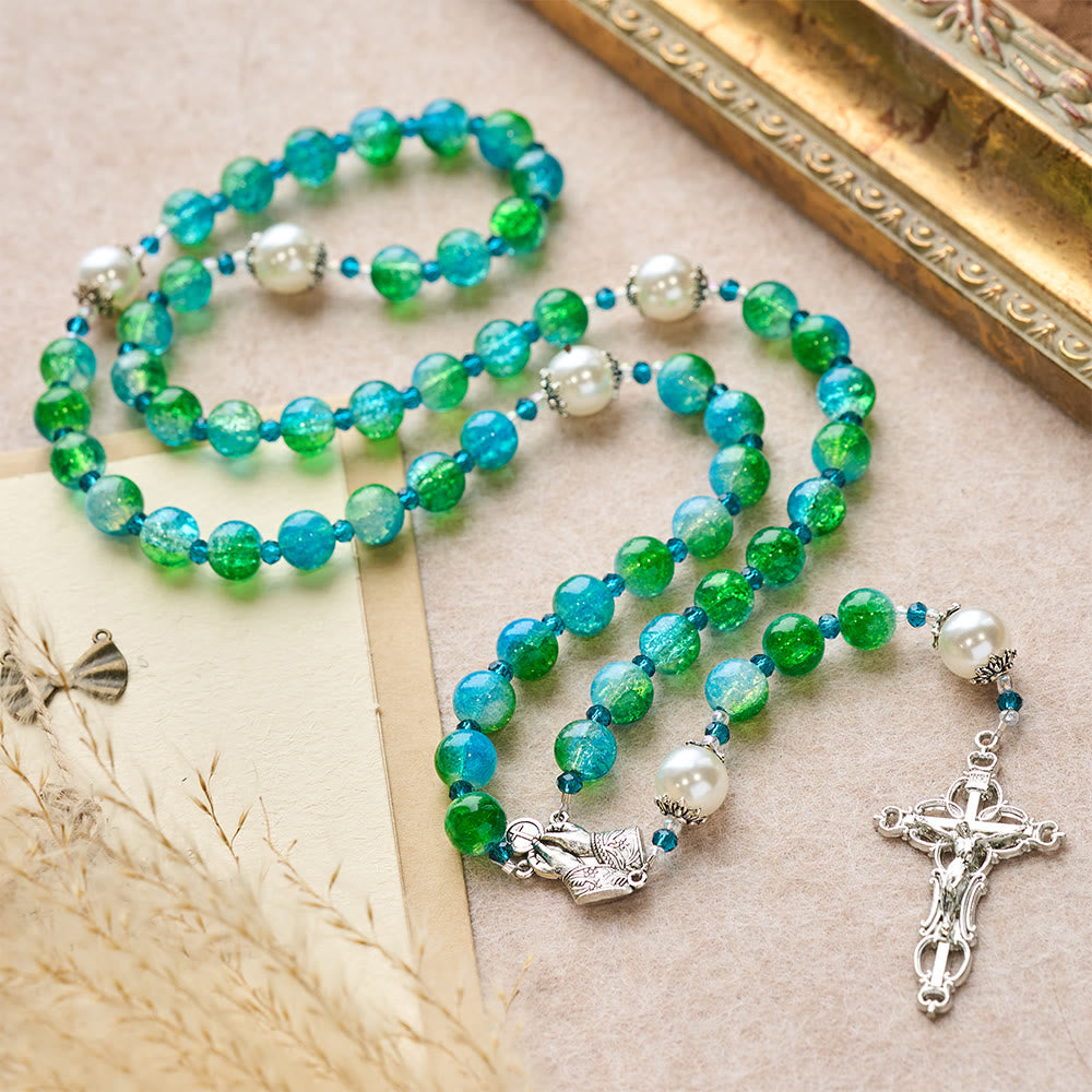 Christianartworkshop Chapelet en verre bleu-vert dégradé avec mains jointes et crucifix - image 2