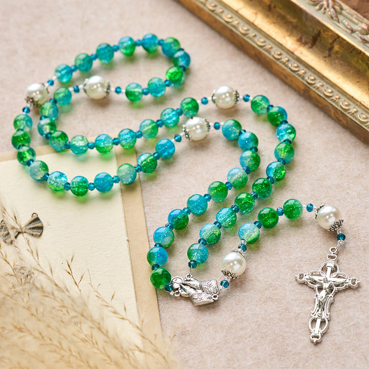 Christianartworkshop Chapelet en verre bleu-vert dégradé avec mains jointes et crucifix - image 2