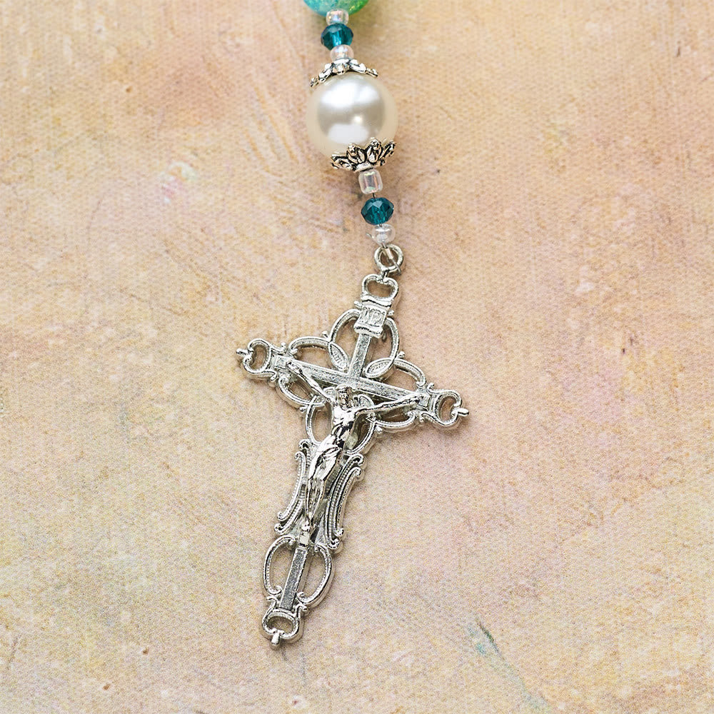 Christianartworkshop Chapelet en verre bleu-vert dégradé avec mains jointes et crucifix - image 8
