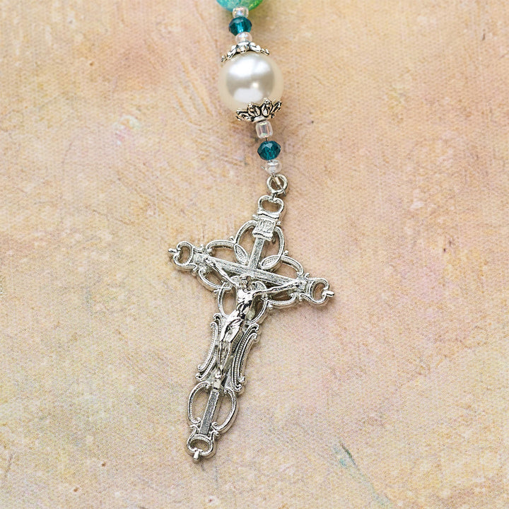 Christianartworkshop Chapelet en verre bleu-vert dégradé avec mains jointes et crucifix - image 8