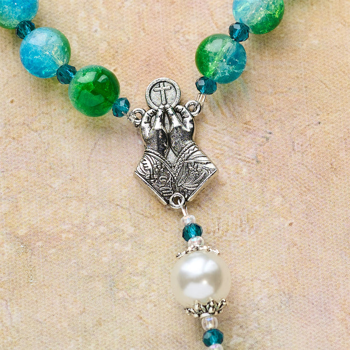 Christianartworkshop Chapelet en verre bleu-vert dégradé avec mains jointes et crucifix - image 10