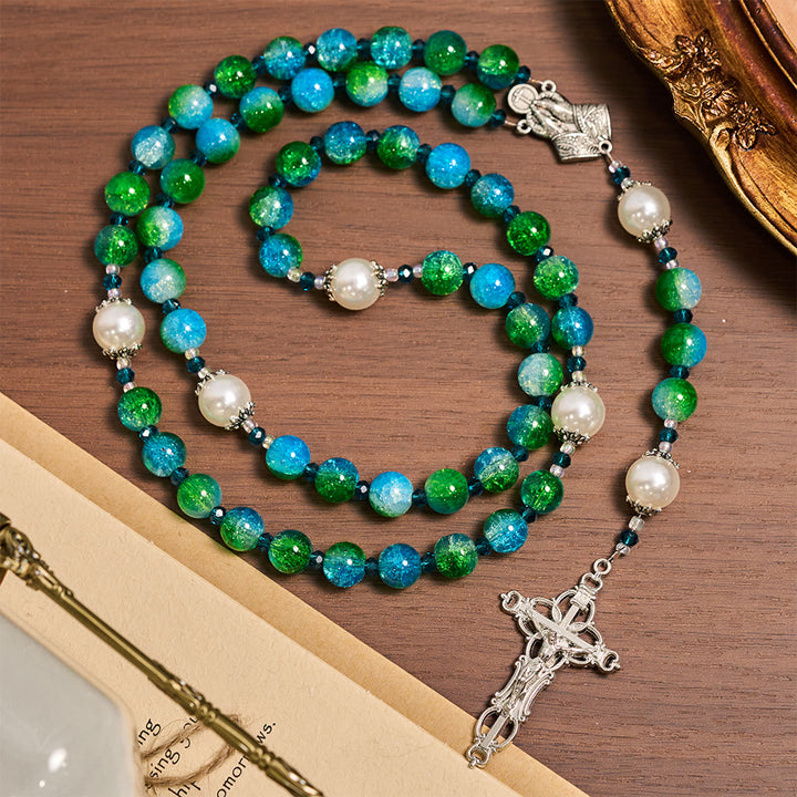 Christianartworkshop Chapelet en verre bleu-vert dégradé avec mains jointes et crucifix - image 4