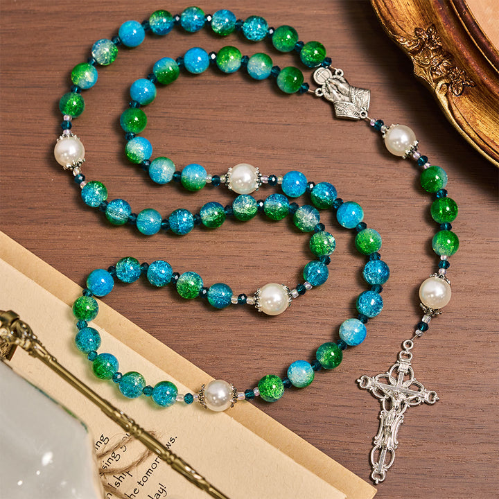 Christianartworkshop Chapelet en verre bleu-vert dégradé avec mains jointes et crucifix - image 5