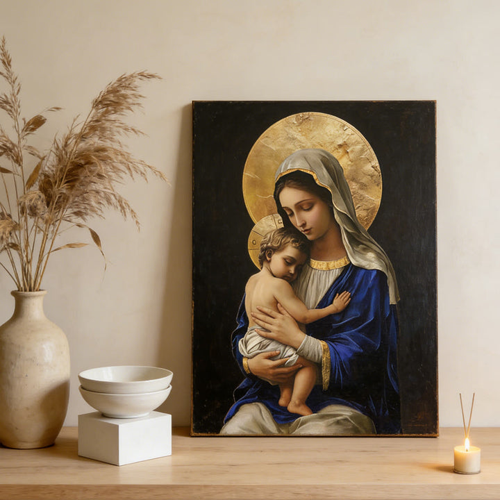 Christianartworkshop Impression sur toile « Vierge à l'Enfant en robe bleu royal » : Incarnez la pure dévotion de Marie - Tableau sur toile encadré - 13,77"*19,58"*0,59"/35*50*1,5 cm - image 0