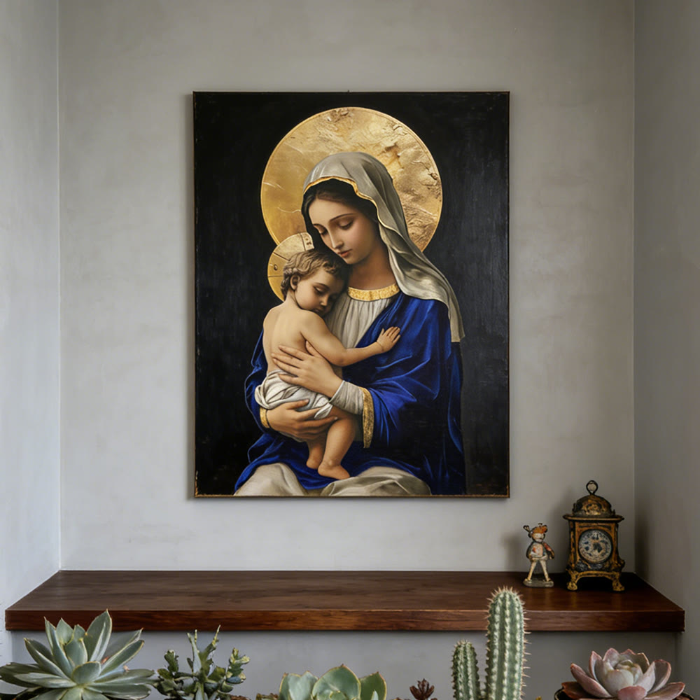 Christianartworkshop Impression sur toile « Vierge à l'Enfant en robe bleu royal » : Incarnez la pure dévotion de Marie - image 3