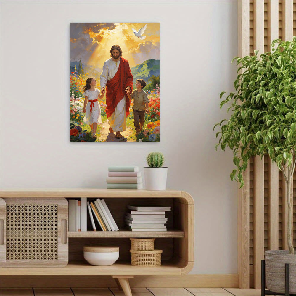 Christianartworkshop Affiche chrétienne « Jésus à la lumière dorée marche avec les enfants » : Incarnez la joie de la foi enfantine - image 1