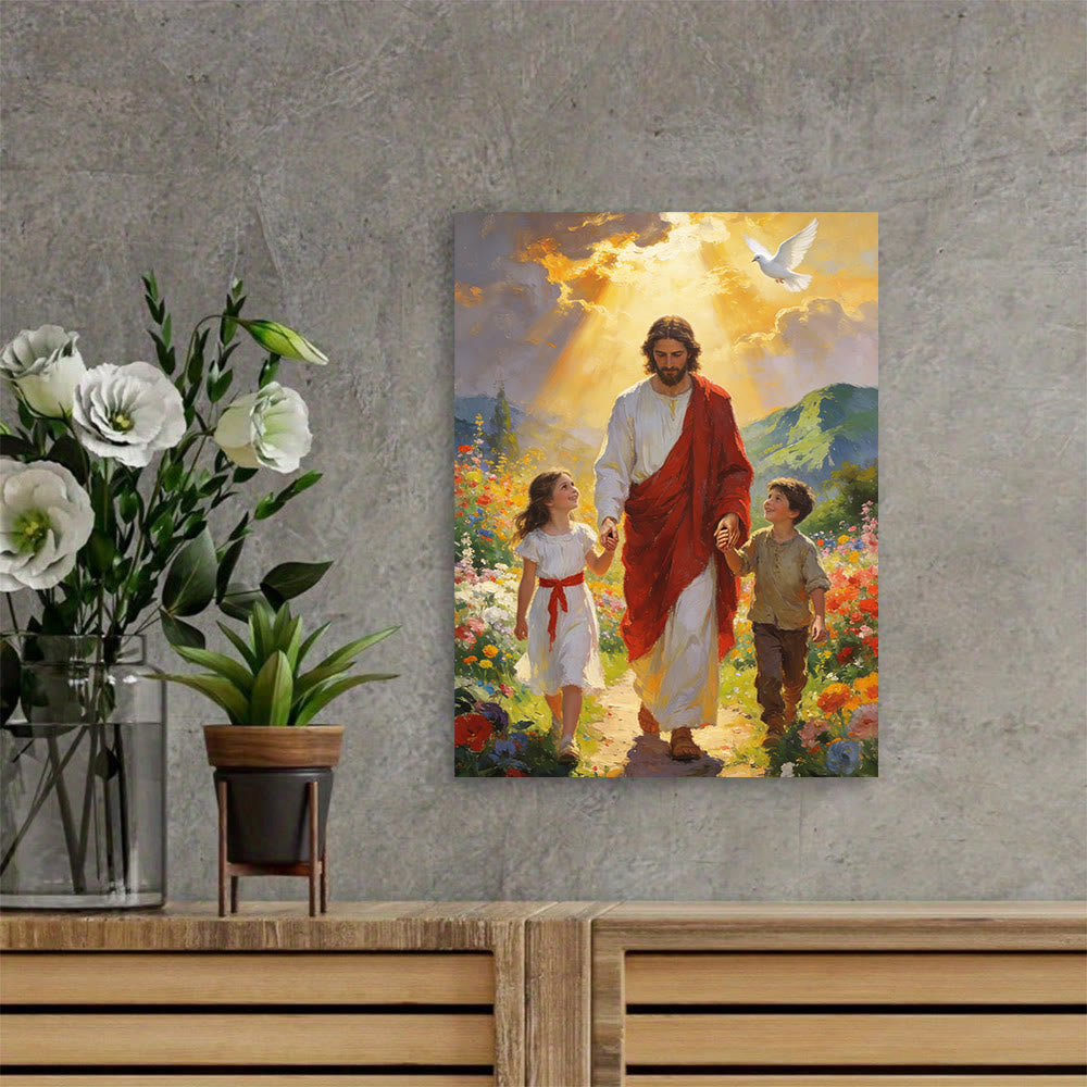 Christianartworkshop Affiche chrétienne « Jésus à la lumière dorée marche avec les enfants » : Incarnez la joie de la foi enfantine - Tableau sur toile encadré - 13,77"*19,58"*0,59"/35*50*1,5 cm - image 0