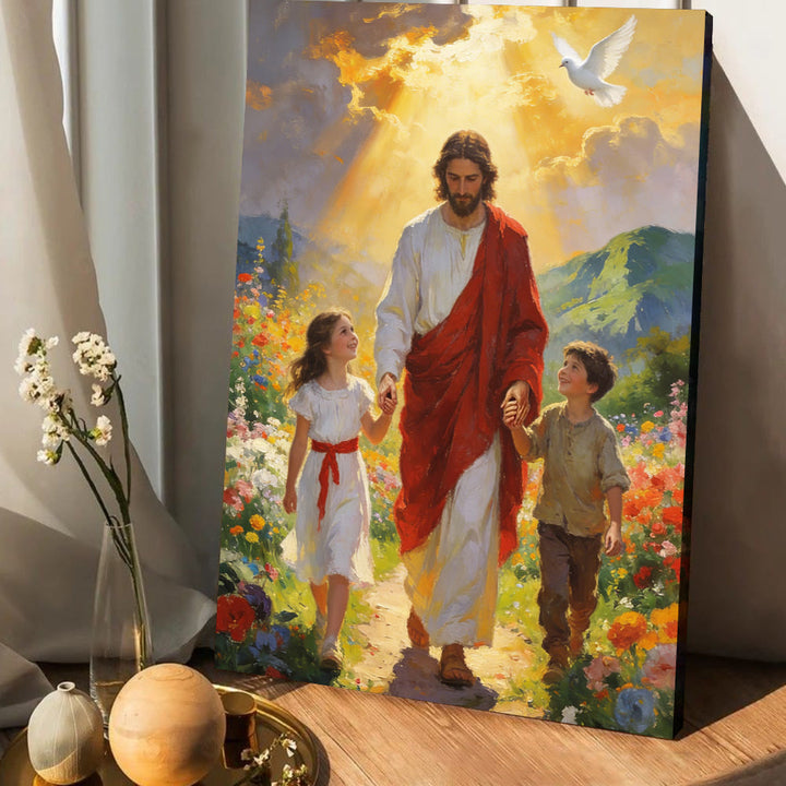 Christianartworkshop Affiche chrétienne « Jésus à la lumière dorée marche avec les enfants » : Incarnez la joie de la foi enfantine - image 3