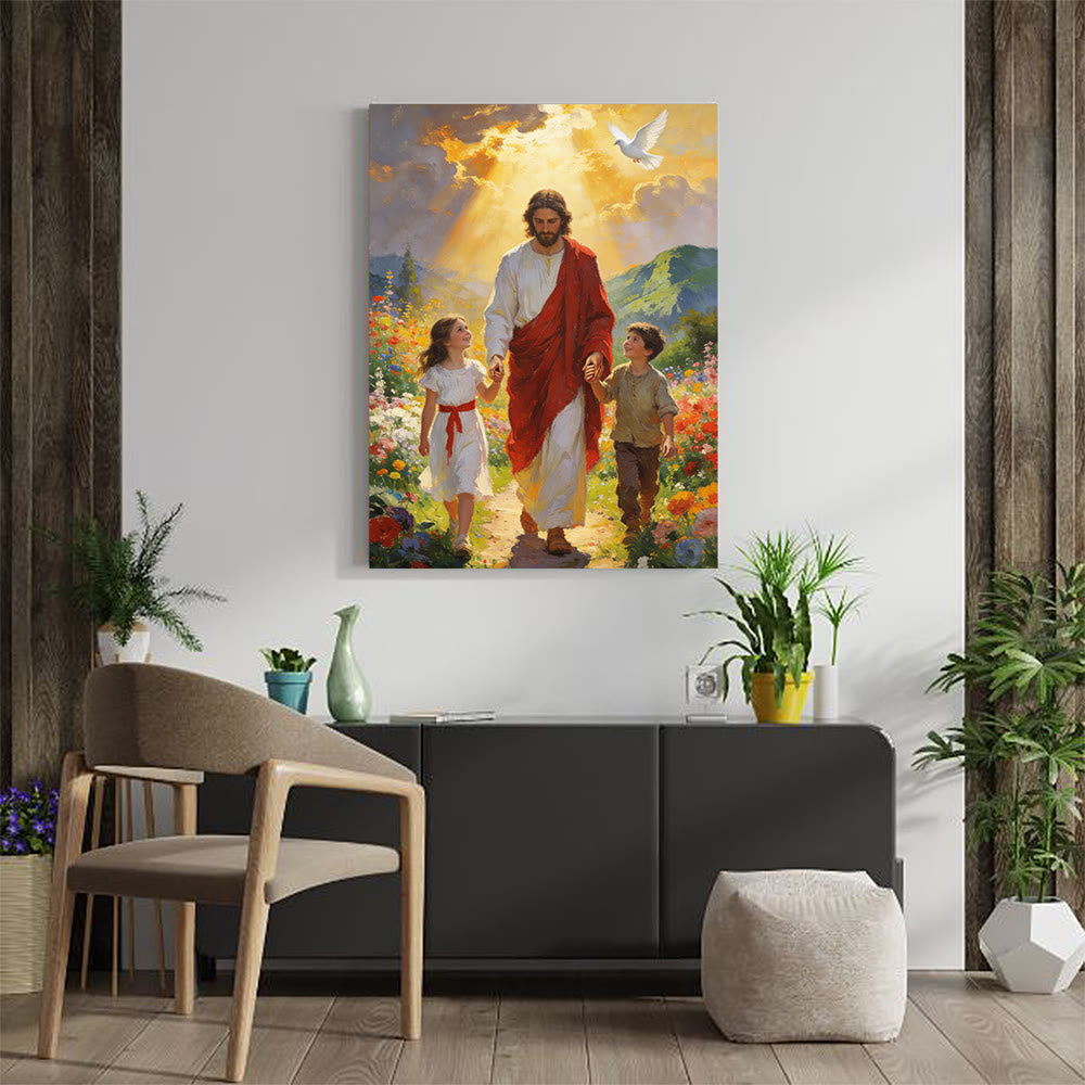 Christianartworkshop Affiche chrétienne « Jésus à la lumière dorée marche avec les enfants » : Incarnez la joie de la foi enfantine - image 2
