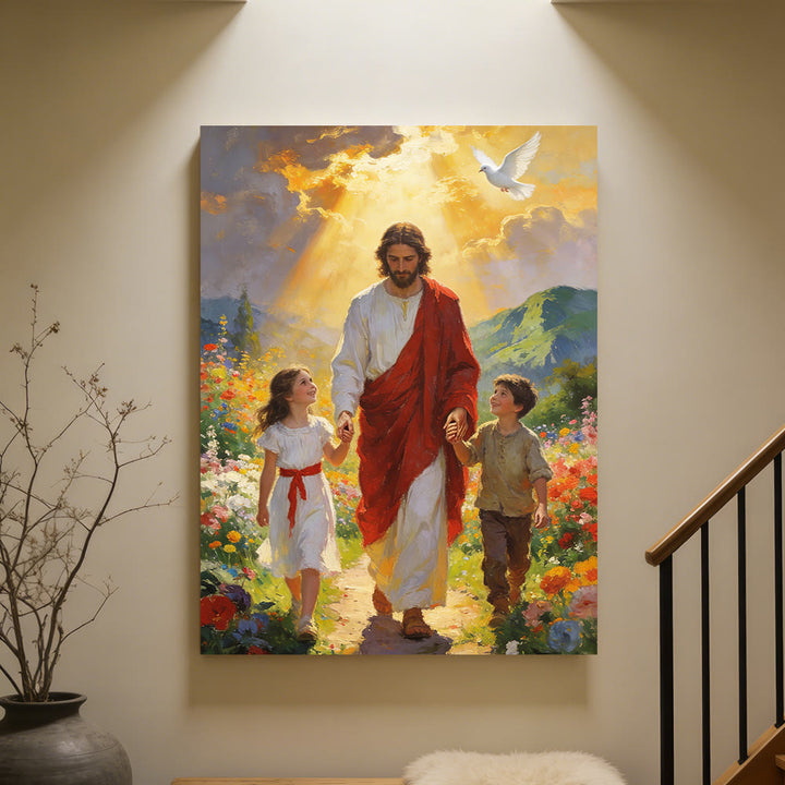 Christianartworkshop Affiche chrétienne « Jésus à la lumière dorée marche avec les enfants » : Incarnez la joie de la foi enfantine - image 4