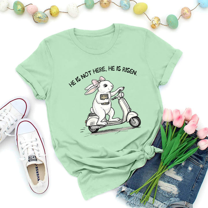 Christianartworkshop T-shirt premium « Il est ressuscité » avec scooter et lapin de Pâques - Vert clair - 2XL - image 1