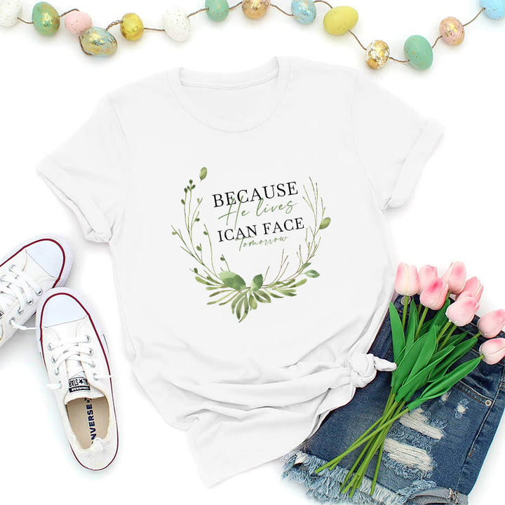 Christianartworkshop T-shirt premium « Parce qu'il vit » avec couronne de verdure - Blanc - 2XL - image 0