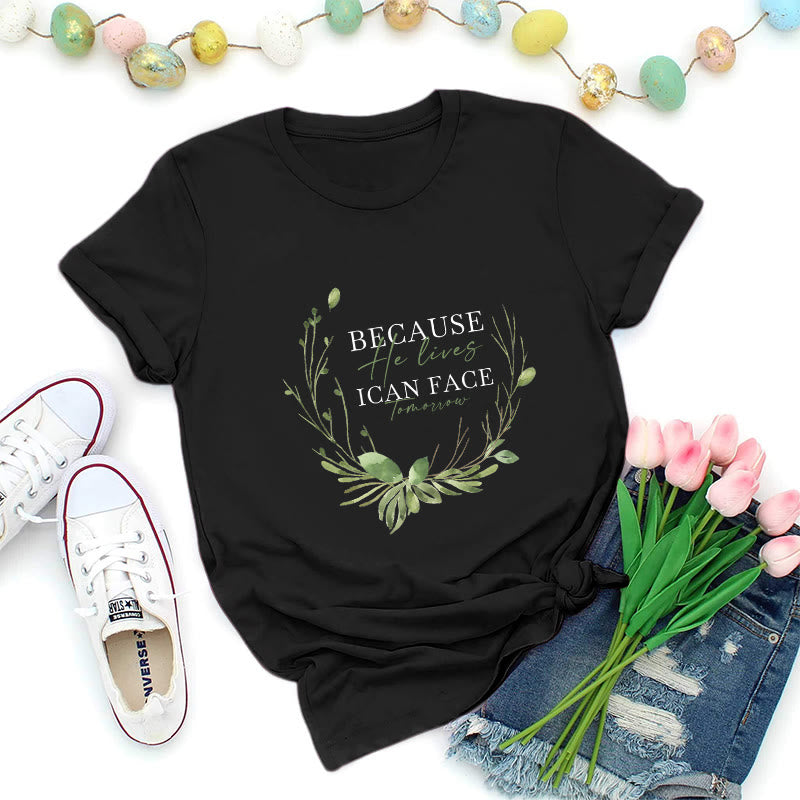 Christianartworkshop T-shirt premium « Parce qu'il vit » avec couronne de verdure - Noir - 2XL - image 1