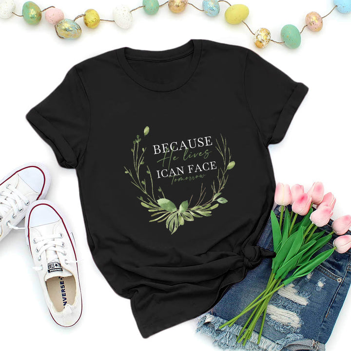 Christianartworkshop T-shirt premium « Parce qu'il vit » avec couronne de verdure - Noir - 2XL - image 1