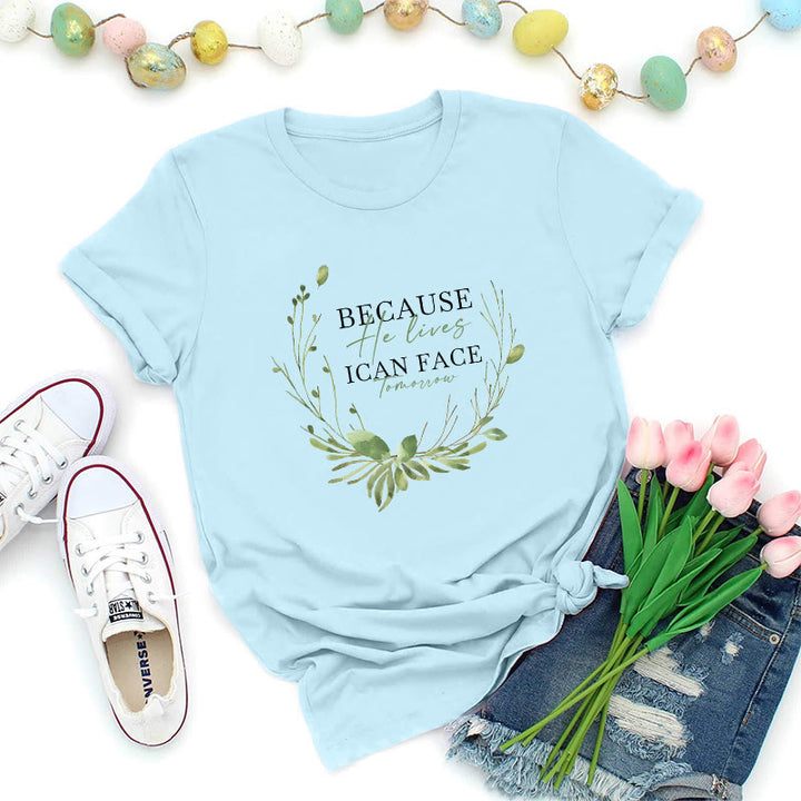 Christianartworkshop T-shirt premium « Parce qu'il vit » avec couronne de verdure - Bleu - 2XL - image 5