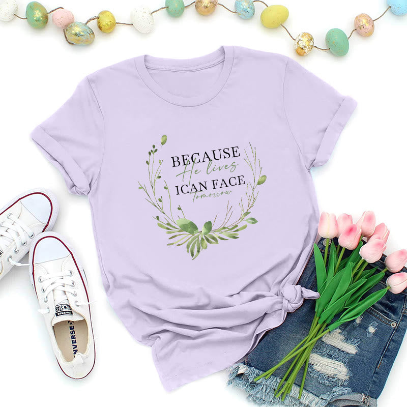 Christianartworkshop T-shirt premium « Parce qu'il vit » avec couronne de verdure - Violet - 2XL - image 3