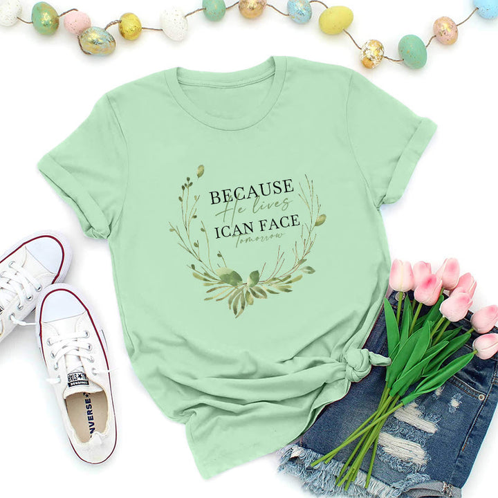 Christianartworkshop T-shirt premium « Parce qu'il vit » avec couronne de verdure - Vert clair - 2XL - image 4