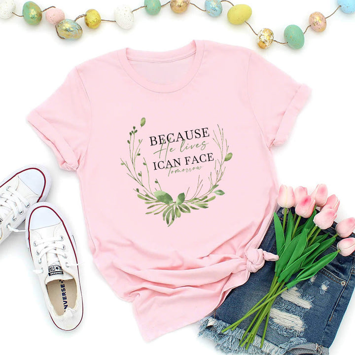 Christianartworkshop T-shirt premium « Parce qu'il vit » avec couronne de verdure - Rose - 2XL - image 7