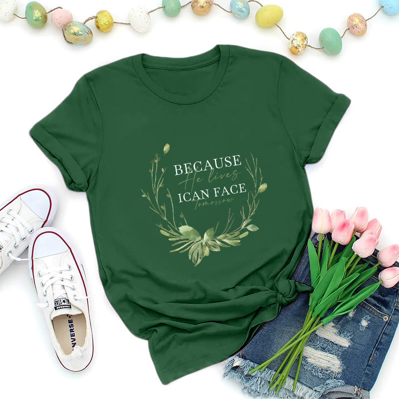 Christianartworkshop T-shirt premium « Parce qu'il vit » avec couronne de verdure - Vert foncé - 2XL - image 2