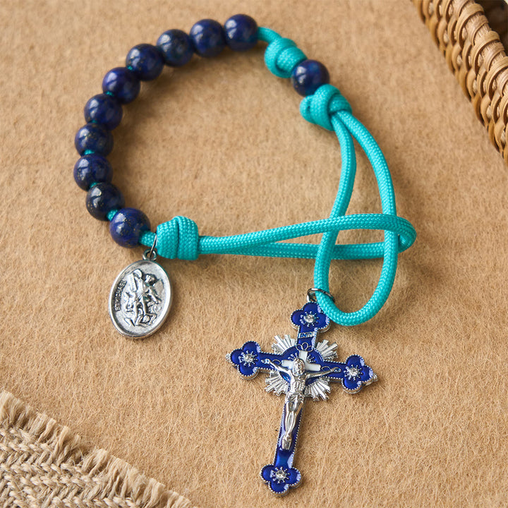 Christianartworkshop Chapelet de poche en paracorde lapis-lazuli avec saint Michel gardien - Saint Michel et le Crucifix - image 0
