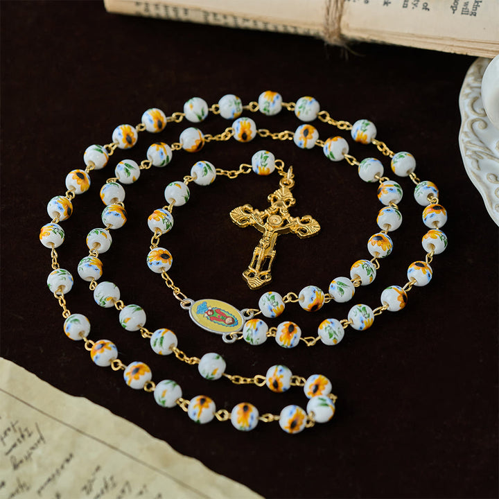 Christianartworkshop Chapelet de Pâques Marguerite Jaune avec perles en céramique et breloque Notre-Dame - Rosaire de Pâques - image 0