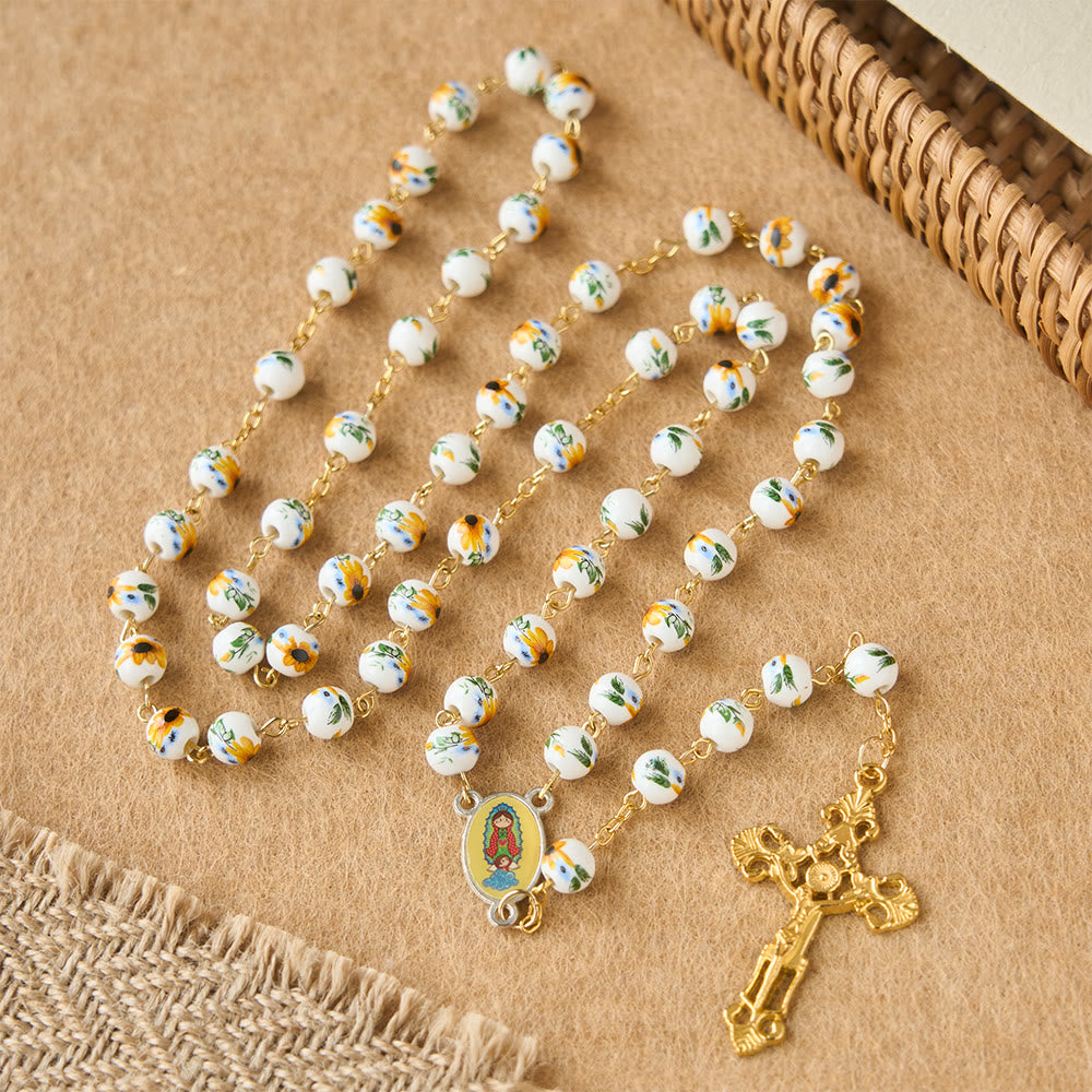 Christianartworkshop Chapelet de Pâques Marguerite Jaune avec perles en céramique et breloque Notre-Dame - image 2