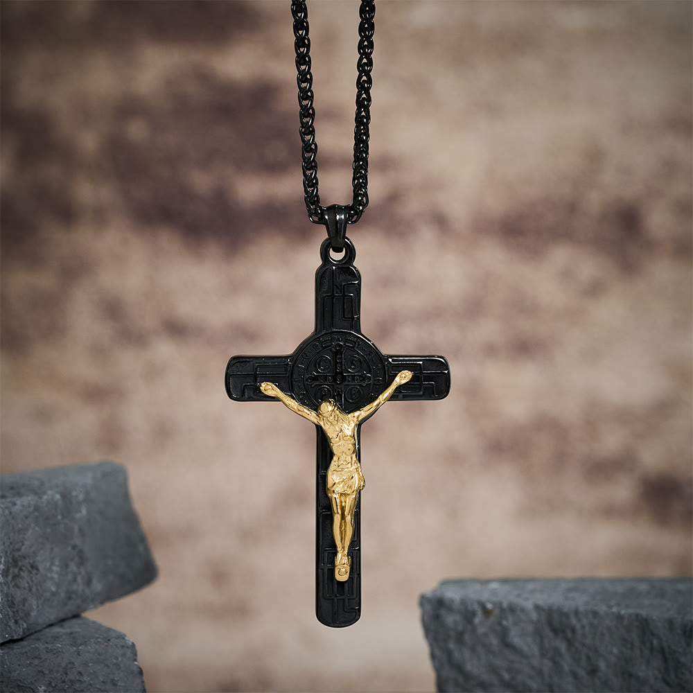 Christianartworkshop Collier pendentif croix style rétro classique avec médaille de protection de saint Benoît - Or noir - image 6
