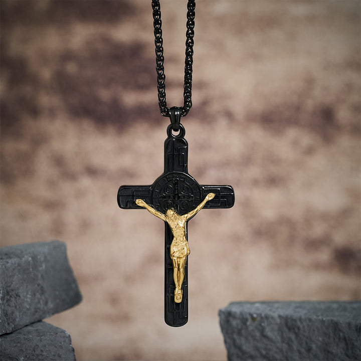 Christianartworkshop Collier pendentif croix style rétro classique avec médaille de protection de saint Benoît - Or noir - image 6