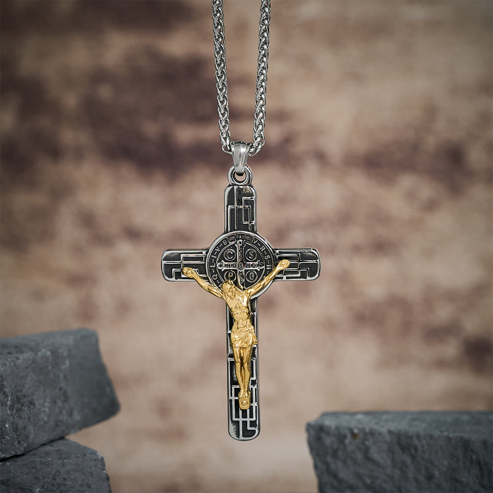 Christianartworkshop Collier pendentif croix style rétro classique avec médaille de protection de saint Benoît - Argent-or - image 0
