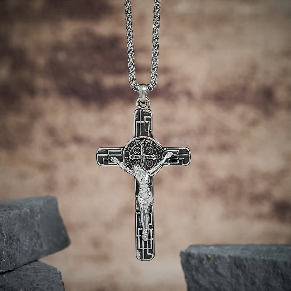 Christianartworkshop Collier pendentif croix style rétro classique avec médaille de protection de saint Benoît - Argent - image 11