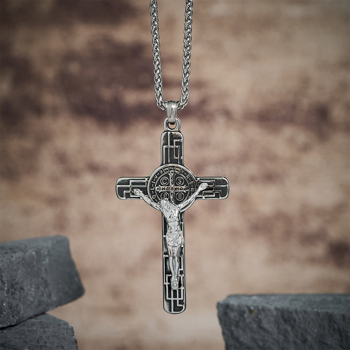 Christianartworkshop Collier pendentif croix style rétro classique avec médaille de protection de saint Benoît - Argent - image 11