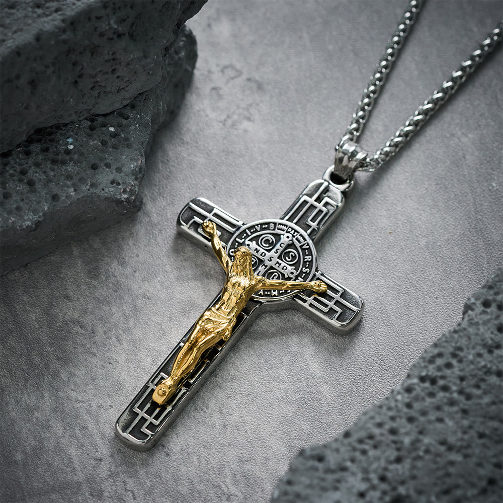 Christianartworkshop Collier pendentif croix style rétro classique avec médaille de protection de saint Benoît - image 4