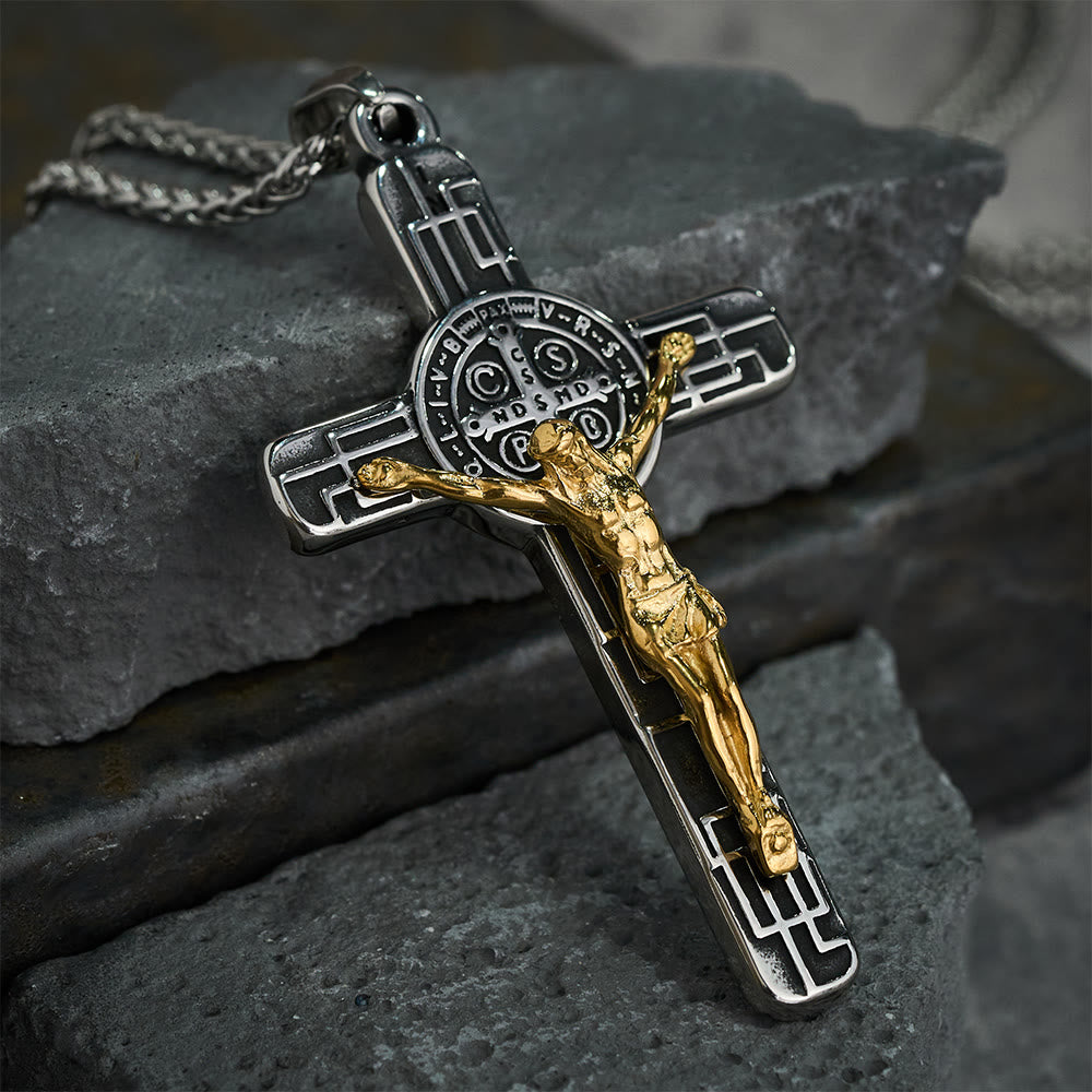 Christianartworkshop Collier pendentif croix style rétro classique avec médaille de protection de saint Benoît - image 2