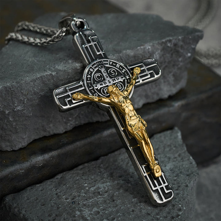 Christianartworkshop Collier pendentif croix style rétro classique avec médaille de protection de saint Benoît - image 2