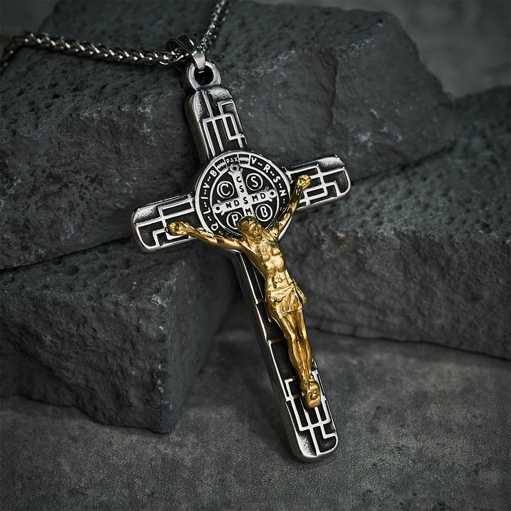 Christianartworkshop Collier pendentif croix style rétro classique avec médaille de protection de saint Benoît - image 5