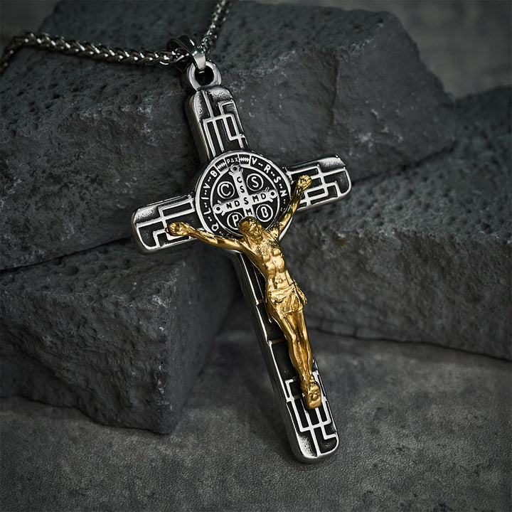 Christianartworkshop Collier pendentif croix style rétro classique avec médaille de protection de saint Benoît - image 5