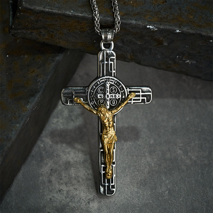 Christianartworkshop Collier pendentif croix style rétro classique avec médaille de protection de saint Benoît - image 3