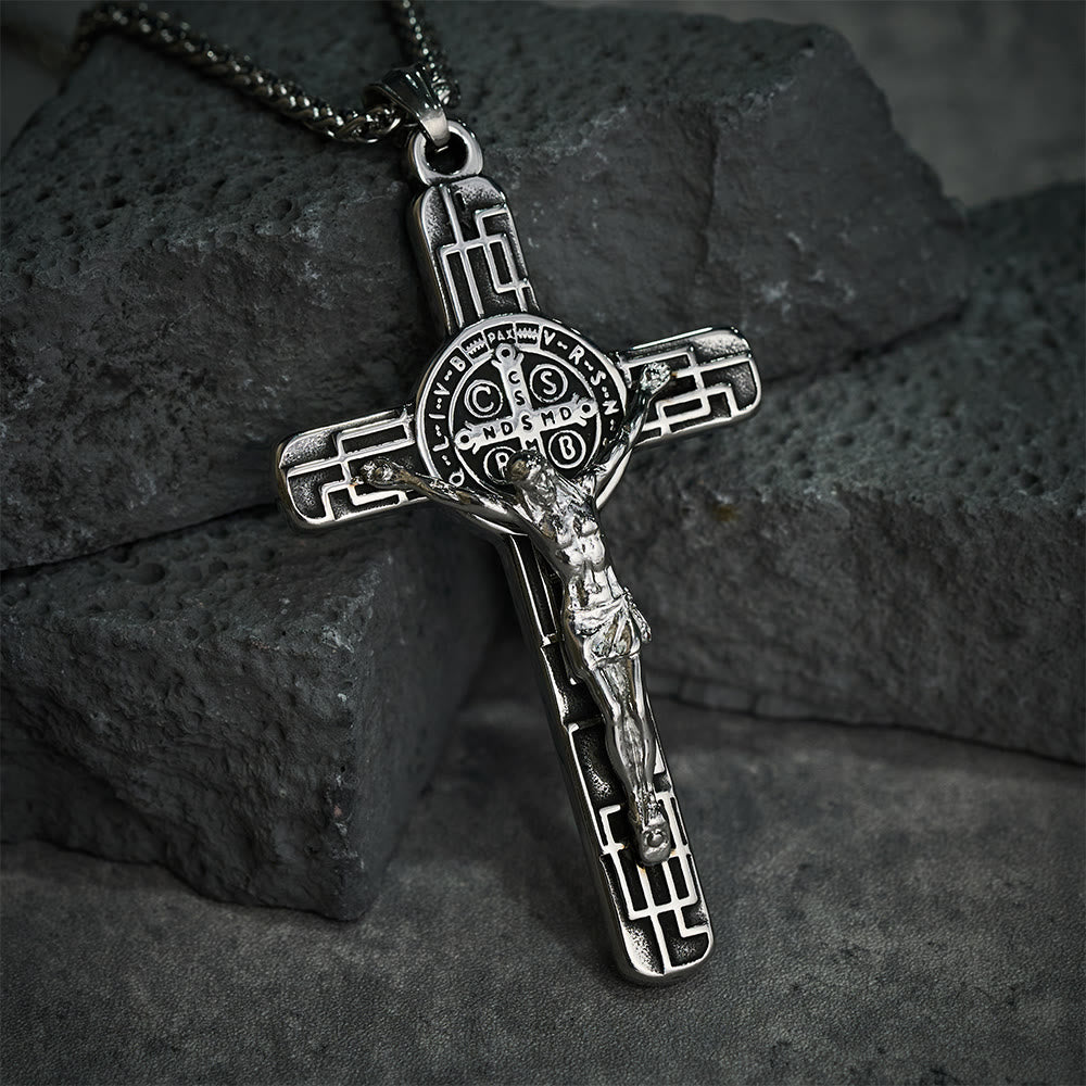 Christianartworkshop Collier pendentif croix style rétro classique avec médaille de protection de saint Benoît - image 14
