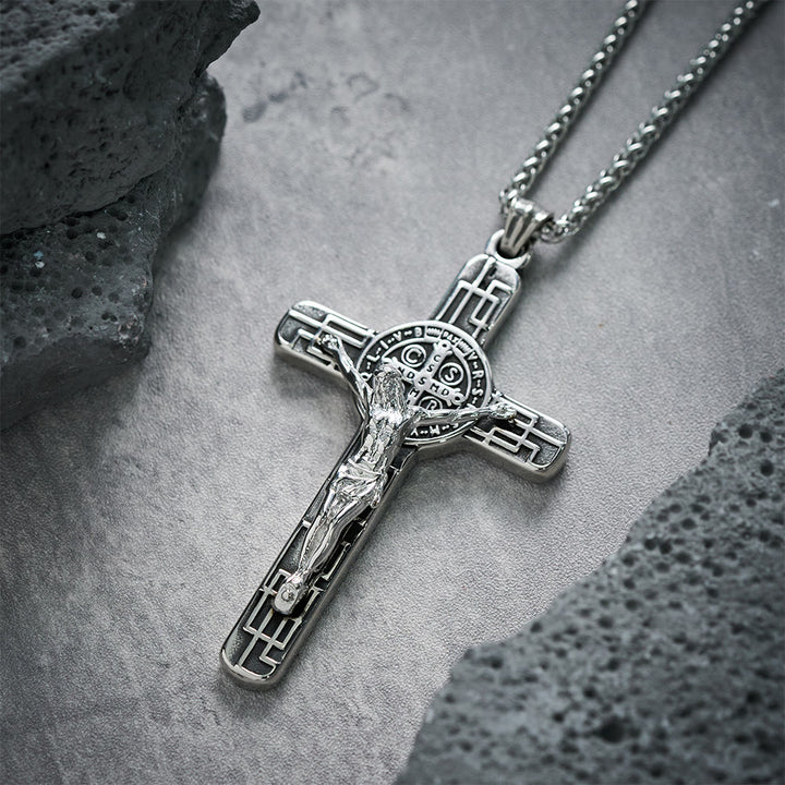 Christianartworkshop Collier pendentif croix style rétro classique avec médaille de protection de saint Benoît - image 12