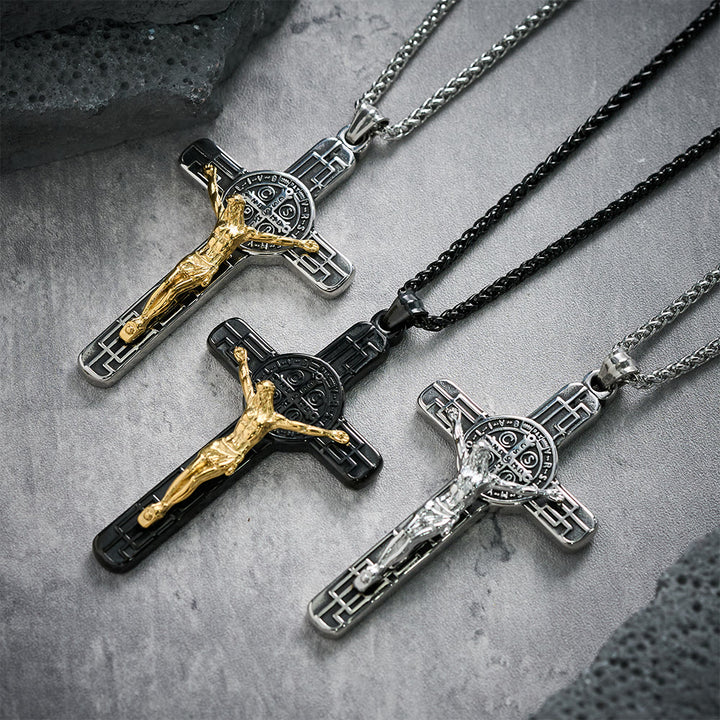 Christianartworkshop Collier pendentif croix style rétro classique avec médaille de protection de saint Benoît - image 1