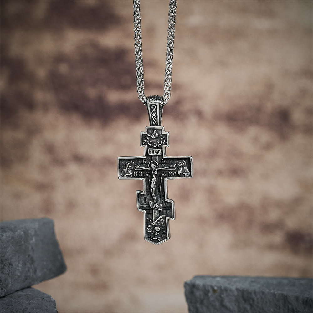 Christianartworkshop Collier crucifix orthodoxe en titane Jésus, bijou de protection - Argent - image 0