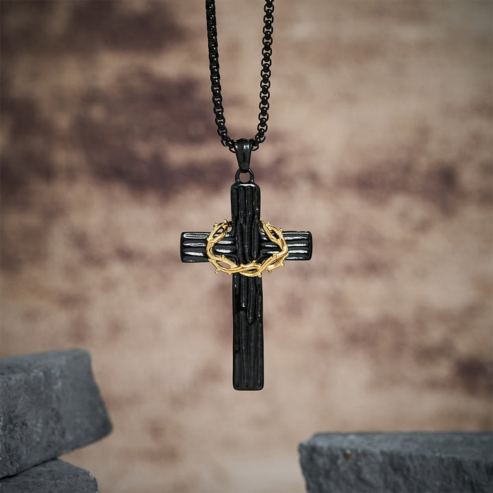 Christianartworkshop Collier pendentif croix couronne d'épines de Jésus style moderne, symbole de protection sacrée - Noir et or - image 7