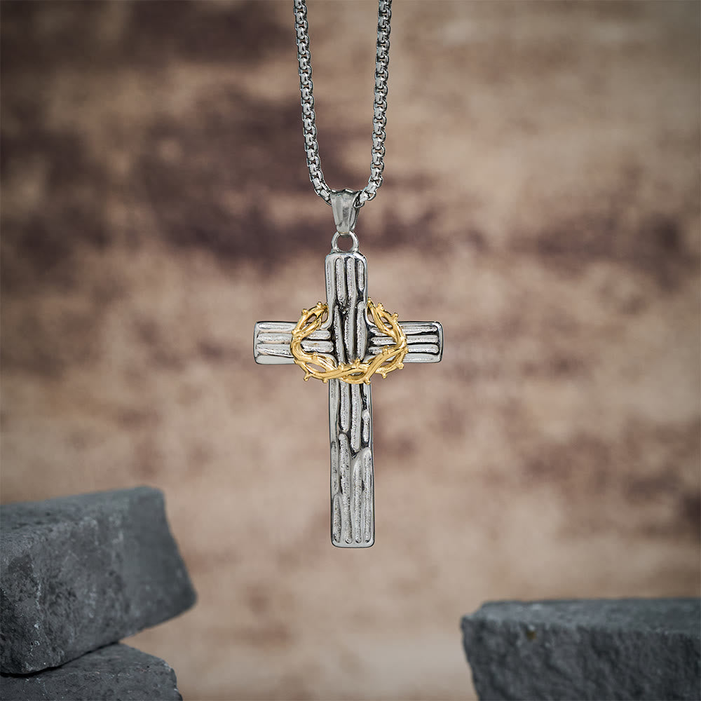 Christianartworkshop Collier pendentif croix couronne d'épines de Jésus style moderne, symbole de protection sacrée - Argent et or - image 0