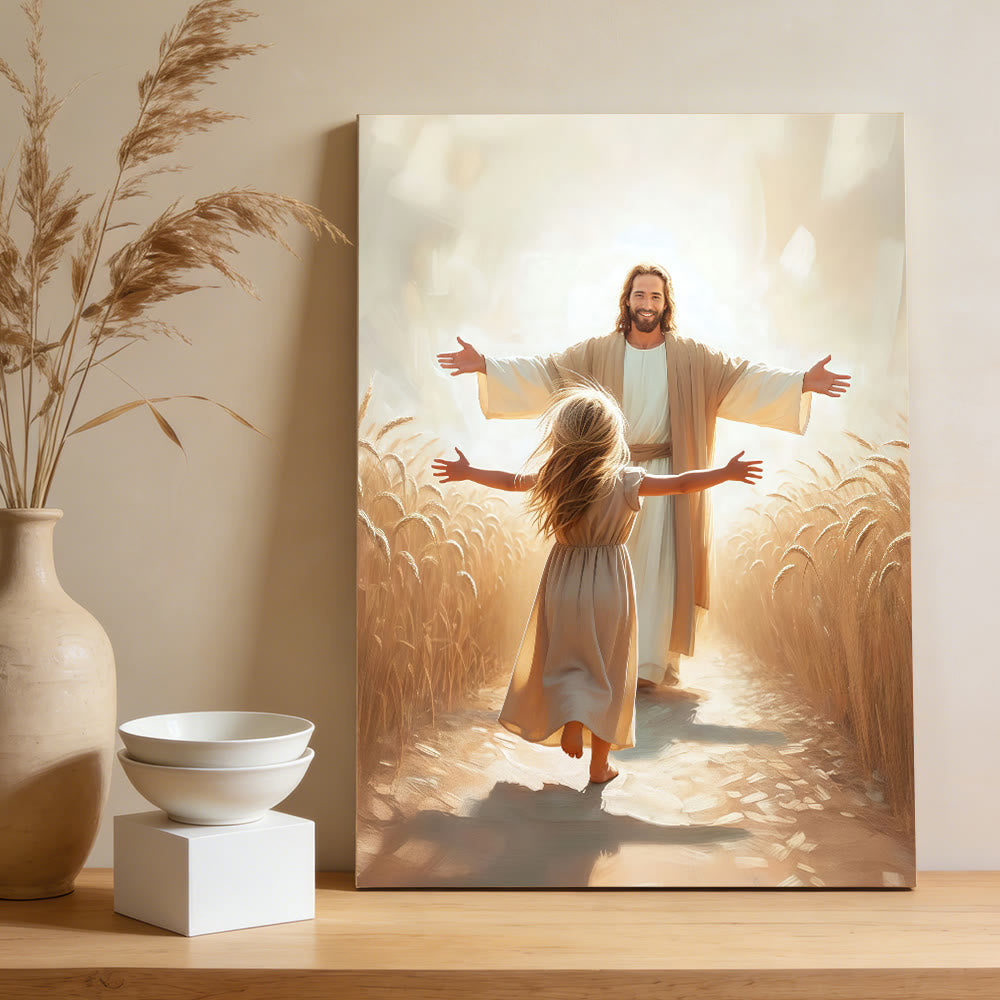 Christianartworkshop Affiches murales « Courir vers Jésus » : un symbole de l’amour divin inconditionnel - Tableau sur toile encadré - 11,81 po × 15,75 po × 0,71 po / 30 × 40 × 1,8 cm - image 0