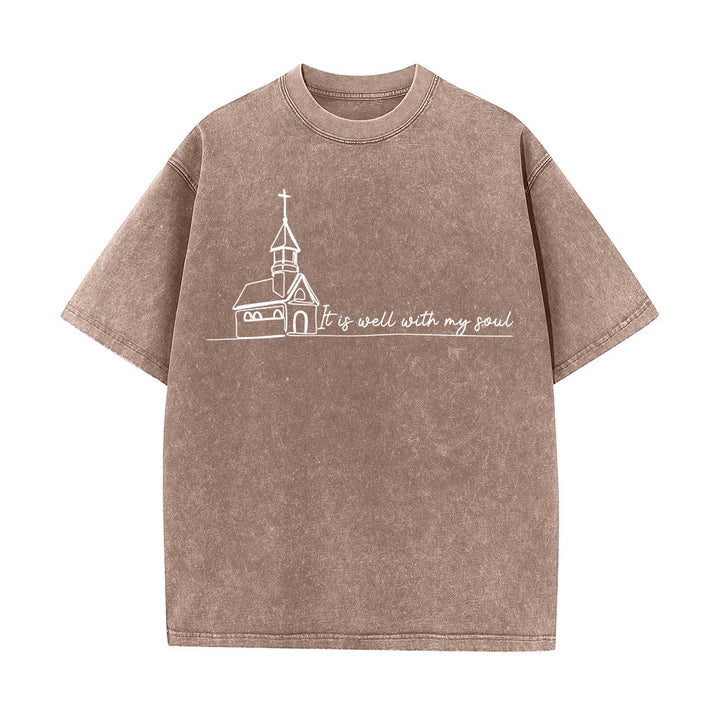 Christianartworkshop T-shirt unisexe délavé avec motif d'église et croquis au trait - Brun - 5XL - image 8