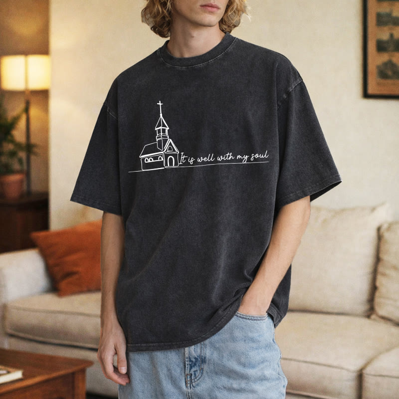 Christianartworkshop T-shirt unisexe délavé avec motif d'église et croquis au trait - image 2